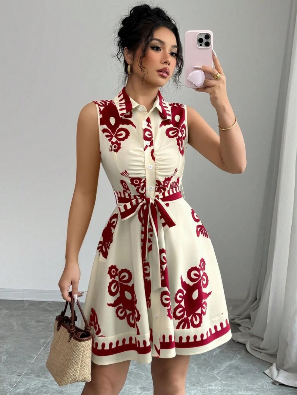 Sleeveless Cream Dress with Red Floral Print and Tie Waist - Full & Plus Sizes